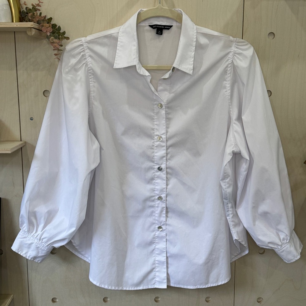 ZAC & RACHEL Woman Crisp White Button Up Shirt Size 1X Gathered Puff Sleeves